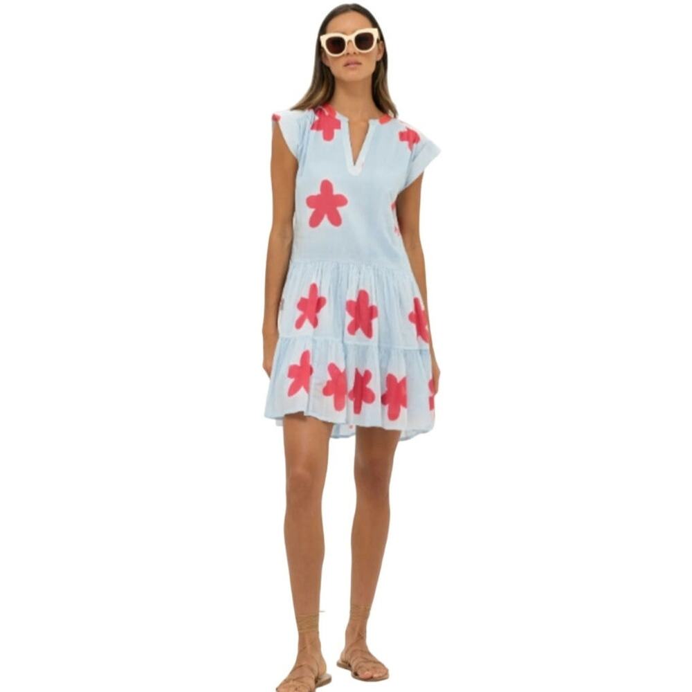 Oliphant Roll Sleeve Mela Blue Flower Short Dress Size Small
